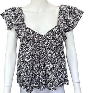 Universal Thread Black & White Floral Print Ruffle Sleeve Cotton Top M